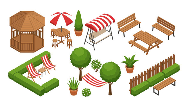 Garden furniture vector collection featuring wooden gazebo picnic table bench hammock deck chairs and backyard backyard elements