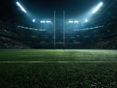 Empty rugby stadium field with goal posts at night under bright floodlights