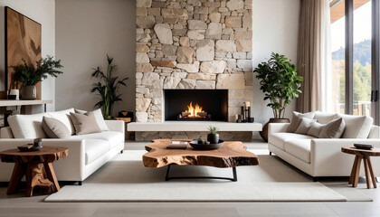 Fototapeta premium Modern living room interior with stone fireplace and white sofas