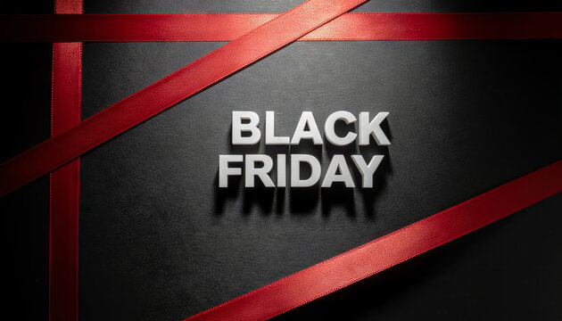 Black friday promotion event on dark background with red ribbons