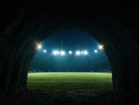 View of a brightly lit sports stadium from a dark tunnel
