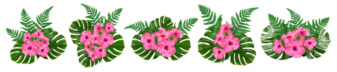 Floral compositions with hibiscus flowers and green tropical leaves on white background, set © New Africa