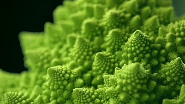 Romanesco broccoli cabbage or Roman Cauliflower abstract texture on black background, macro shot. Fresh Food design, vegan backdrop, slow motion, rotating 