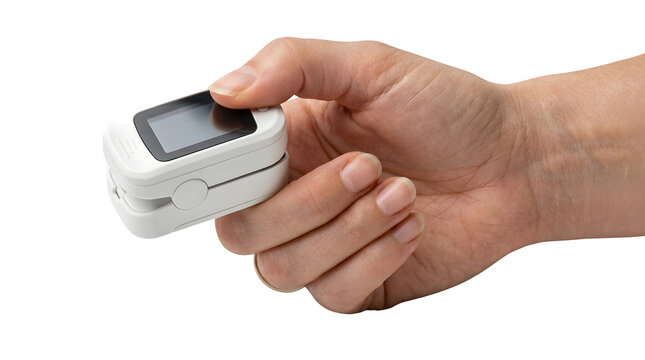 Digital fingertip pulse oximeter held by human hand for checking oxygen saturation and heart rate levels isolated on transparent background