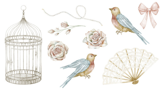 Vintage clipart watercolor illustrations set with Birds and Rose Flowers. Arts with cage? pearl beads and hand fan isolated on background. Decorative elements for stationery and wedding invitations.