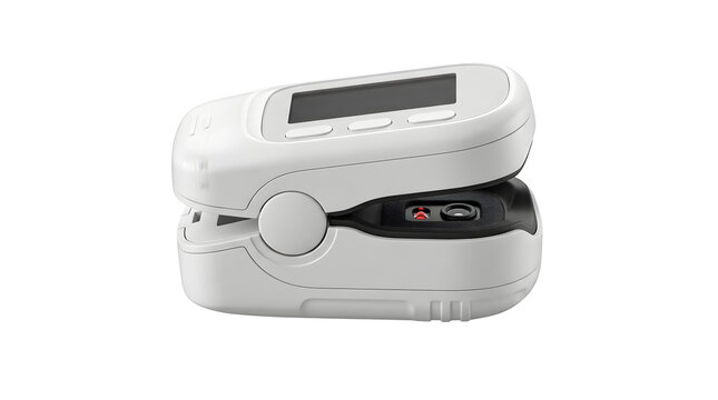 Digital pulse oximeter device for measuring blood oxygen levels featuring a sleek white plastic body isolated on transparent background