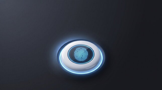 Fingerprint scanner glows blue on dark background.