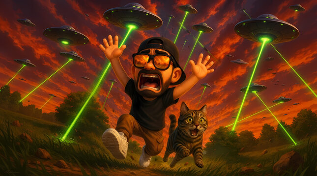 3D cartoon style illustration of a panicked man and a scared cat fleeing from UFO spaceships during an extraterrestrial attack.