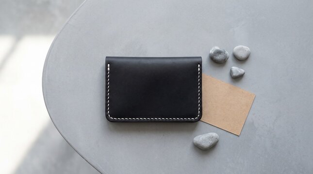 Leather card holder lies on a gray concrete table.