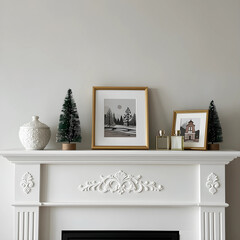 Fototapeta premium White fireplace mantel with decorative elements, framed art, and small Christmas trees, home interior decor