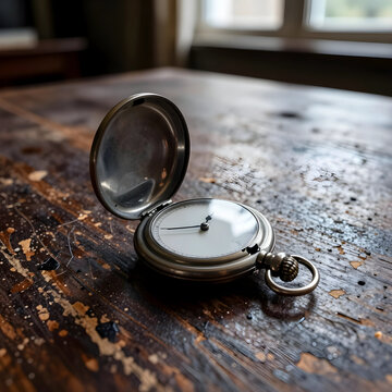 Vintage silver pocket watch with an open lid resting on a rustic wooden table, time and history