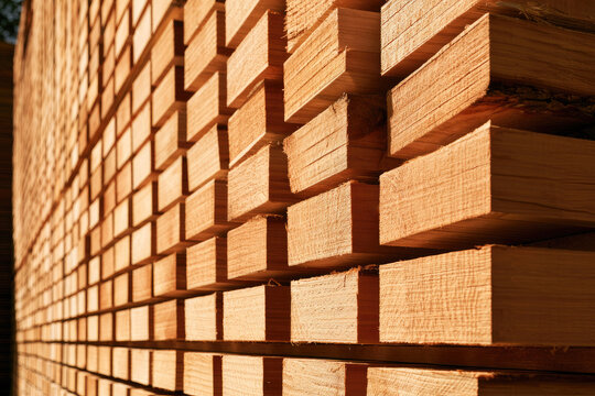 Lumber stack timber wood board sawmill kiln drying golden diagonal stacked lumber and timber board in sawmill kiln chamber with warm sunlight, pattern, texture, perspective, and negative space