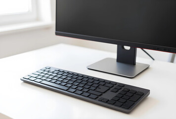 Fototapeta premium Modern black computer keyboard and monitor on a clean white desk in a bright office setting, the bright office setting includes a window in the background, a productive workspace