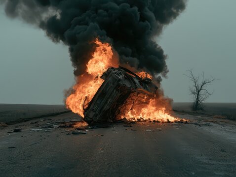 A burning car engulfed in flames and thick black smoke on a desolate road in a barren landscape
