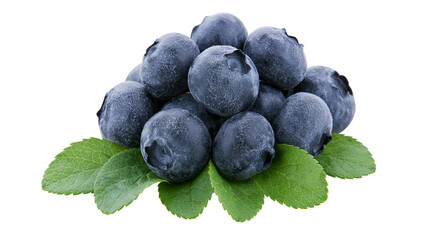 Heap of fresh blueberries with green leaves, isolated on transparent background © studiox