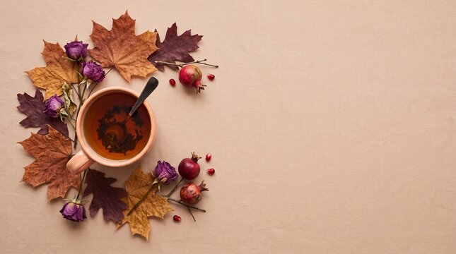 Autumn Flat lay composition. Cup of tea, autumn dry bright leaves, roses flowers, orange circle, cones, decorative pomegranate, cinnamon sticks on brown beige background top view. Autumn, fall concept