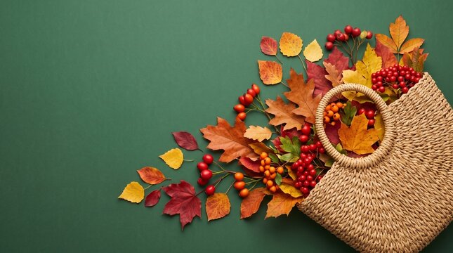 Autumn composition. Straw bag with autumn dried leaves on green background. Flat lay. Top view. Copy space. Fall season concept. Sustainable lifestyle. Zero waste, plastic free concept.