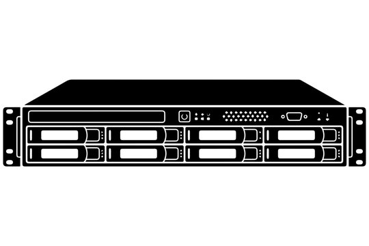 Black and white server rack unit computer hardware icon vector isolated on a white background.