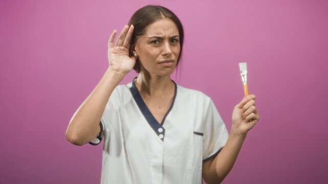 Woman beautician holding brush and cupping ear with hand against pink backdrop in a studio, examining tool and listening intently; confusion.