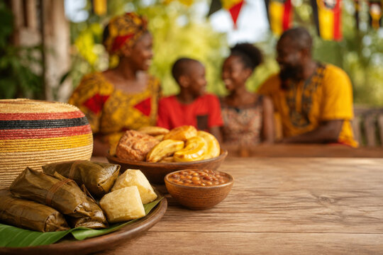 Ugandan cuisine served on a wooden table with matooke and luwombo, family gathering in the background, cultural heritage.