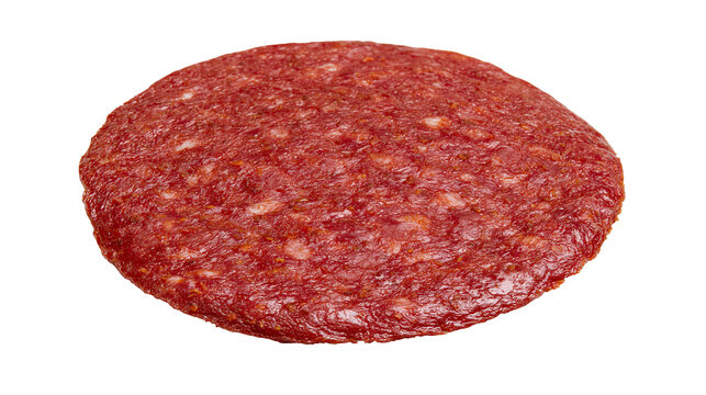 Raw beef burger patty with visible fat marbling, isolated on transparent background