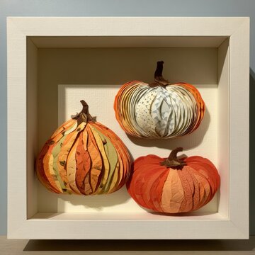 Three pumpkins arranged in a shadow box showcase layered paper art on a cream backdrop. This harvest scene highlights seasonal design.