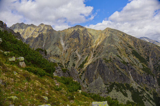 Panoramic view of steep rocky ridges and summits in the High Tatra Mountains with patches of dwarf pine (Pinus mugo).