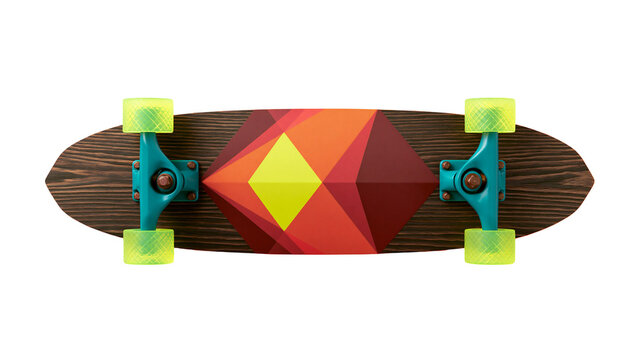 Wooden skateboard with geometric pattern and neon green wheels, isolated on transparent background