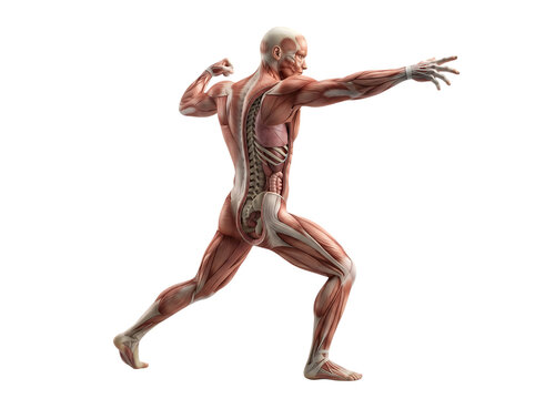 Full body human muscular system model showing internal organs and anatomy in a dynamic fighting pose isolated on white background transparent background