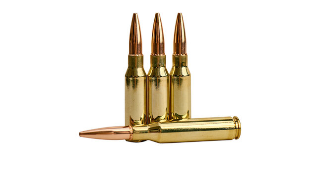 Golden rifle cartridges with copper tips, isolated on transparent background