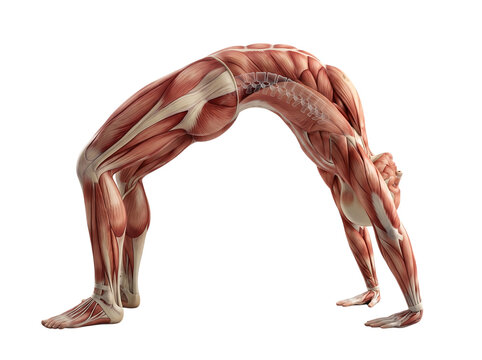 Human body anatomy showing muscular system in a bridge yoga pose isolated on a white background transparent background