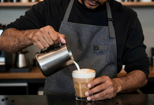 Barista pouring steamed milk into a glass of latte, creating latte art in a coffee shop setting, this process highlights the skill and craftsmanship involved in coffee preparation