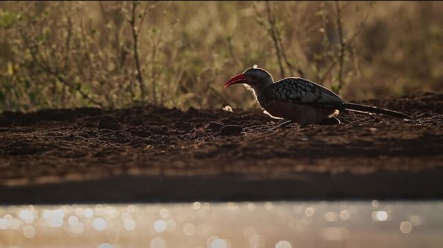 Southern Red billed Hornbill eating on the ground at dawn in Greater Kruger National park, South Africa ; Specie Tockus rufirostris family of Bucerotidae