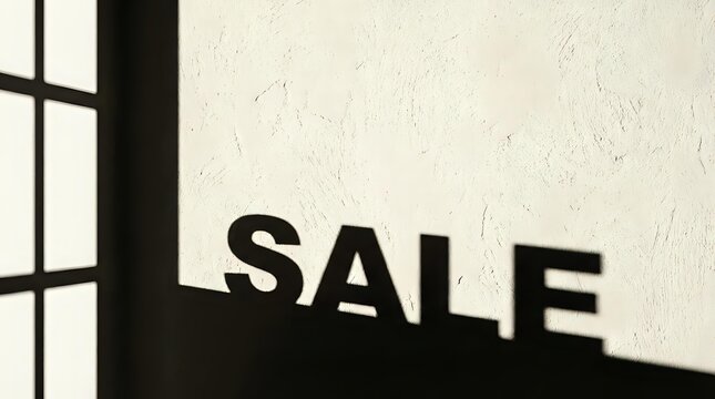 Storefront window casting shadow with sale text on textured wall