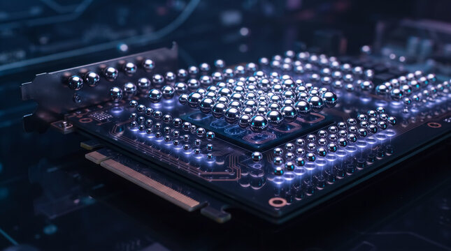 Close-up of a Microchip with Blue Lights: An intricate microchip, illuminated by soft blue light, showcases its complex circuitry and numerous pins, symbolizing advanced technology and innovation.