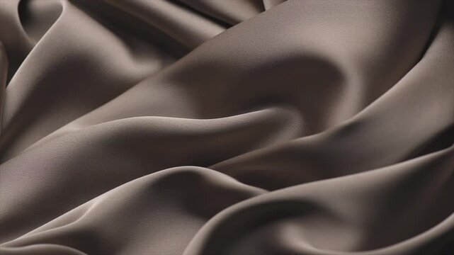 Chocolate brown color silk background, texture of beautiful dark chocolate satin fabric close-up. Abstract smooth backdrop. Rotating, slow motion. 