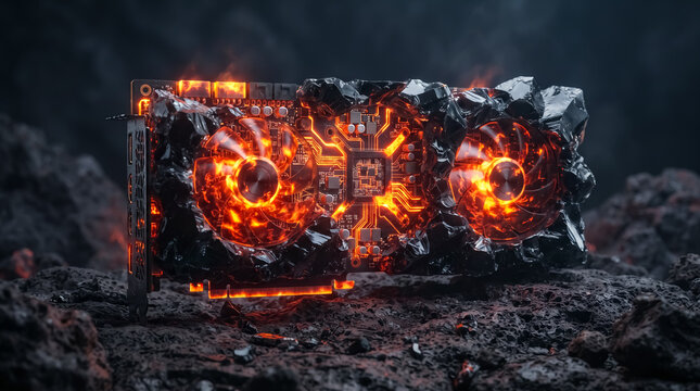 Volcanic Graphics Card: A high-performance graphics card reimagined as a molten, fiery artifact emerging from a volcanic landscape, symbolizing raw power and intense processing capability.