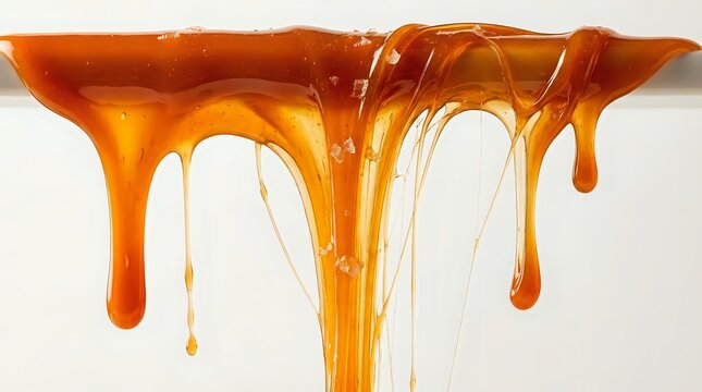 Thick honey or caramel syrup dripping and flowing down against white