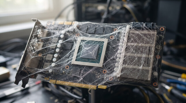 Dusty Graphics Card: An old, dusty graphics card lies forgotten, covered in a thick layer of cobwebs, symbolizing neglect and obsolescence in the fast-paced world of technology.