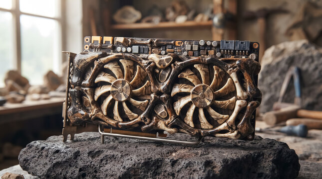 Golden Age Graphics Card: A visually striking graphics processing unit, intricately designed with ornate golden filigree, sits proudly on a rugged stone surface in a craftsman's workshop.