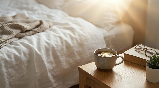 Steaming coffee cup on wooden nightstand beside bed with white linens
