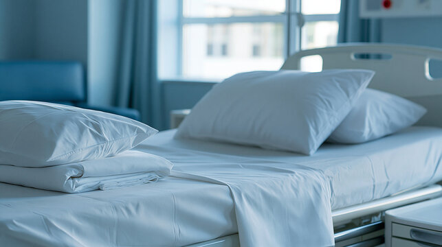 Empty patient hospital bed with white linens in a clinical room. Medical facility concept for health care and recovery.