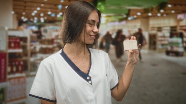 Woman beautician holding soap in hand in building aisle with shelves and product displays; confidence product demonstration.