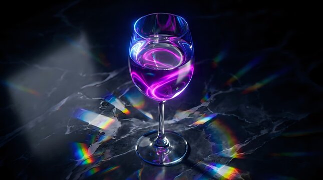 Glowing neon cocktail in wine glass with vibrant magenta and blue