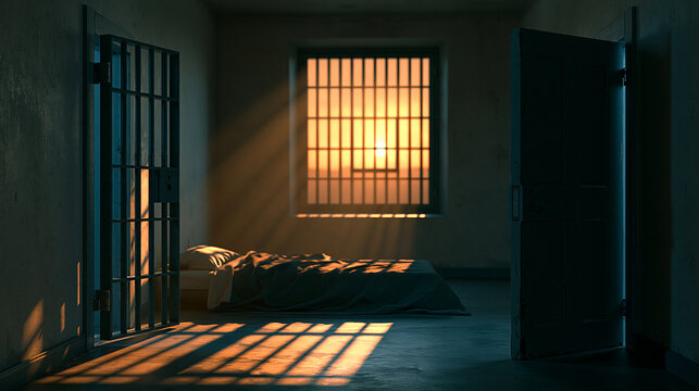 Sunlight streams through barred windows into a dark prison cell. Ideal for themes of freedom, justice, or incarceration.