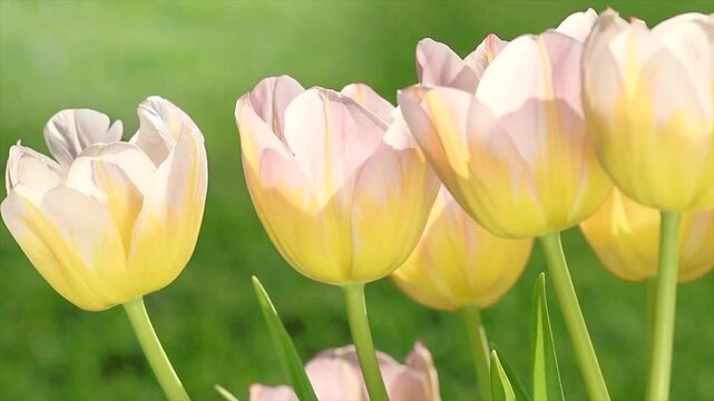 Spring tulips blooming in a spring garden. Bright Tulips flower, bright sun light. Easter, Mother's Day concept. Spring garden tulip flowers blooming on flower bed, trendy gardening 