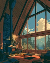 Fototapeta premium In a vintage lodge, a fireplace warms the room, inviting guests to relax and enjoy the scenic view of trees and mountains outside.