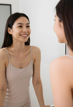 Smiling young asian woman looking at her reflection in a mirror, self care and beauty routine
