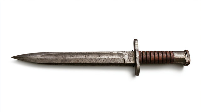 Vintage military bayonet isolated on white background. Weapon collectible for historical military display.