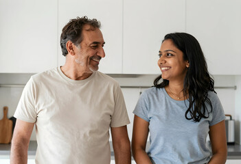 Fototapeta premium Happy indian father and adult daughter smiling and looking at each other in a modern kitchen, Moment of happiness and connection between family members
